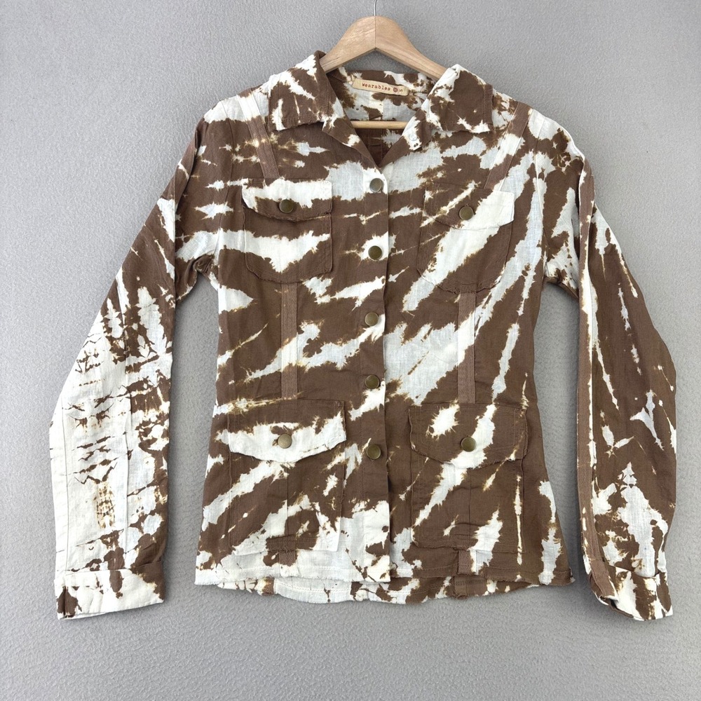 Wearables Tie Dye Button Up Jacket Women Small Brown Boho Linen Blend Utility